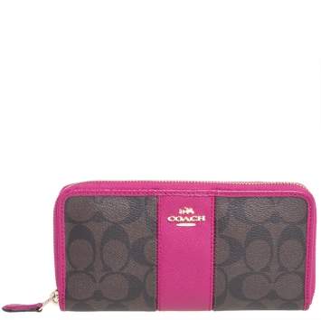Pre Owned  Coach Brown/Fuchsia Signature Coated Canvas and Leather Accordion Zip Around Wallet