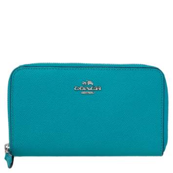 Pre Owned Coach Blue Leather Medium Zip Around Wallet