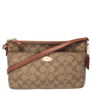 Pre Owned Coach Brown Coated Canvas East/West Pop Up Pouch Crossbody Bag