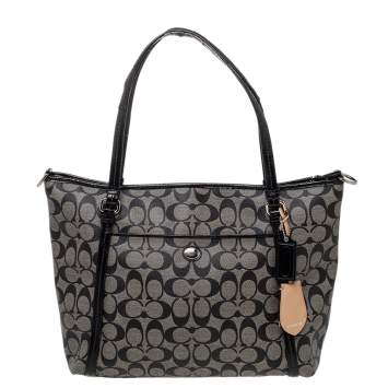 Pre Owned Coach Black/Grey Coated Canvas and Leather Peyton Signature Pocket Tote 