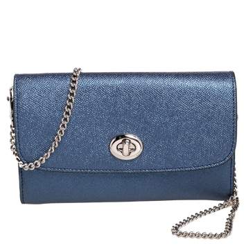 Pre Owned Coach Metallic Blue Leather Flap Chain Clutch 
