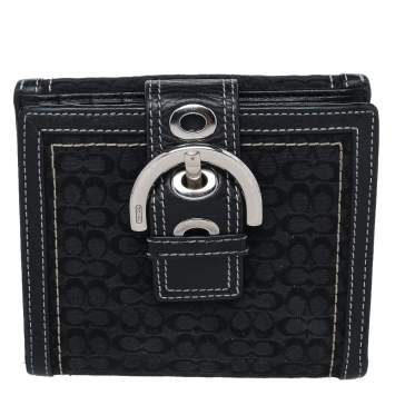 Pre Owned Coach Black Signature Canvas and Leather Buckle Flap Compact Wallet
