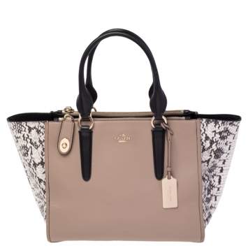 Pre Owned Coach Beige/Black Leather and Python Embossed Leather Double Zip Crosby Carryall Tote