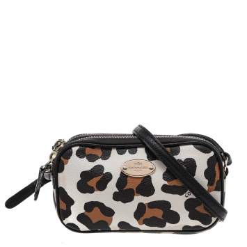 Pre Owned Coach White Ocelot Print Coated Canvas Double Zip Crossbody Bag