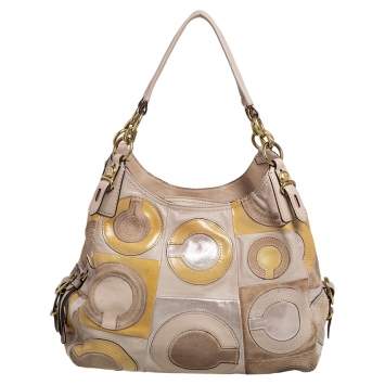 Pre Owned Coach Yellow/Beige Suede And Leather Maggie Mia Inlaid C Shoulder Bag