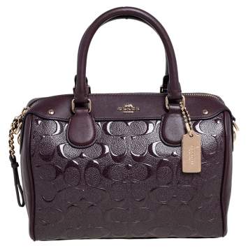 Pre Owned Coach Chocolate Brown Signature Embossed Patent and Leather Mini Bennett Satchel
