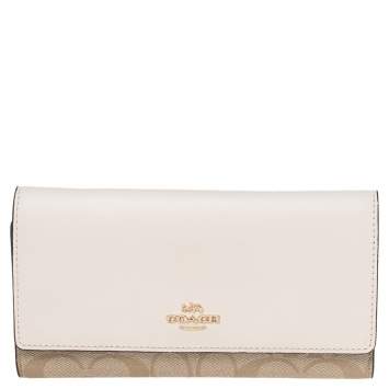 Pre Owned Coach Off White/Beige Leather And Signature Canvas Trifold Wallet