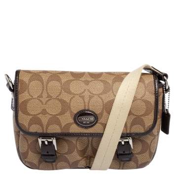 Pre Owned Coach Brown/Beige Signature Coated Canvas and Patent Leather Double Buckle Crossbody Bag