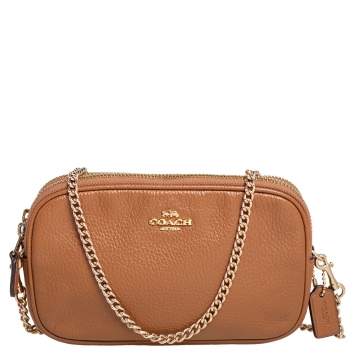 Pre Owned Coach Tan Pebbled Leather Double Zip Crossbody Bag