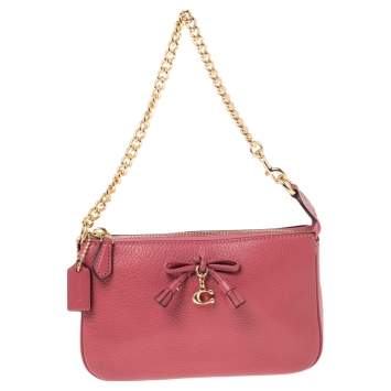 Pre Owned Coach Pink Pebbled Leather Chain Clutch