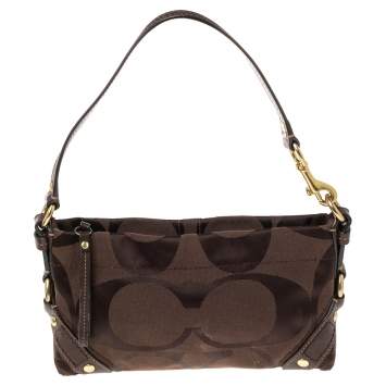 Pre Owned Coach Brown Signature Canvas and Leather Baguette Bag