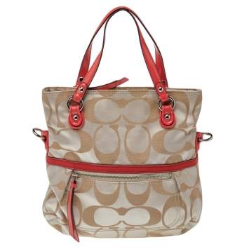 Pre Owned Coach Red/Beige Signature Canvas Poppy Glam Tote