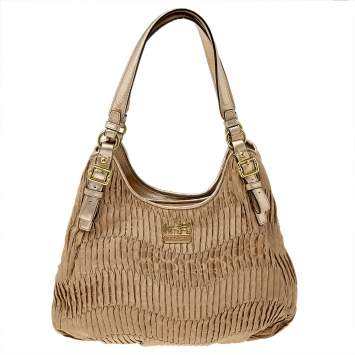 Pre Owned Coach Beige/Gold Signature Canvas And Leather Maggie Madison Gathered Hobo