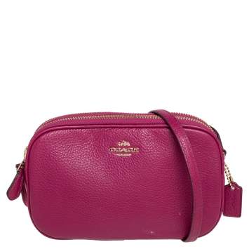 Pre Owned Coach Magenta Pebbled Leather Double Zip Crossbody Bag