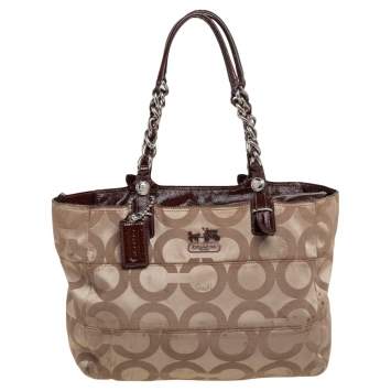 Pre Owned Coach Beige/Brown Op Art Canvas and Patent Leather Tribeca Tote