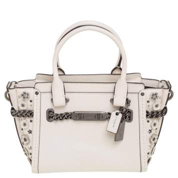 Pre Owned Coach Off-White Leather Willow Floral Swagger 20 Carryall Top Handle Bag
