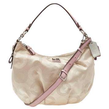 Pre Owned Coach Beige/Lilac Op Art Signature Canvas Crossbody Bag