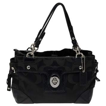 Pre Owned Coach Black Signature Canvas  And Leather Peyton Satchel