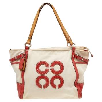 Pre Owned Coach Off White/ Red Canvas And Leather Natalie Tote