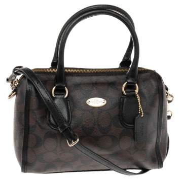 Pre Owned Coach Black/Brown Signature Coated Canvas and Leather Trim Mini Bennett Satchel