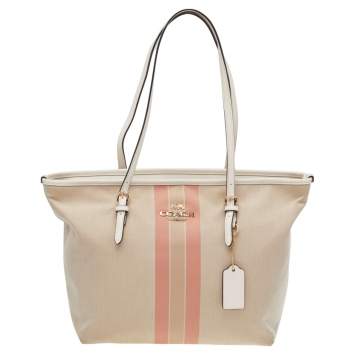 Pre Owned Coach Beige Canvas City Horse And Carriage Zip Tote