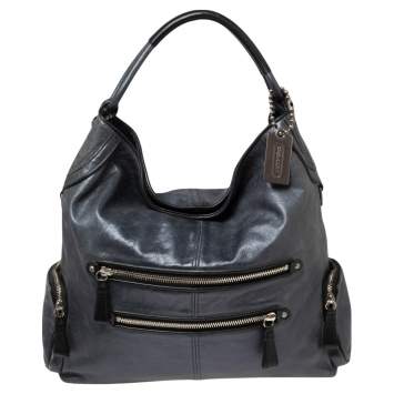 Pre Owned Coach Metallic Grey Leather Front Pocket Hobo