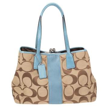 Pre Owned Coach Beige/Blue Signature Canvas and Leather Kisslock Framed Carryall Tote