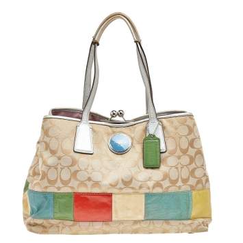 Pre Owned Coach Beige Signature Canvas, Leather, And Multicolor Patent Leather Kisslock Framed Carryall Tote