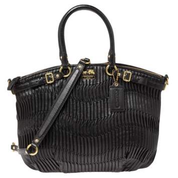 Pre Owned Coach Black Gathered Leather Lindsey Satchel