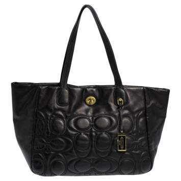 Pre Owned Coach Black Monogram Leather Turnlock Tote