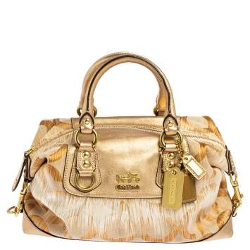 Pre Owned Coach Gold Ombre Signature Op Art Canvas and Leather Madison Sabrina Satchel 