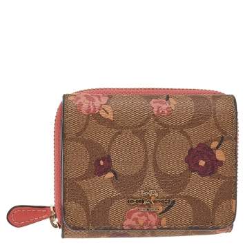 Pre Owned Coach Beige Signature Cooated Canvas Trifold Compact Wallet