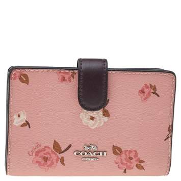 Pre Owned Coach Pink Floral Print Coated Canvas Compact Wallet