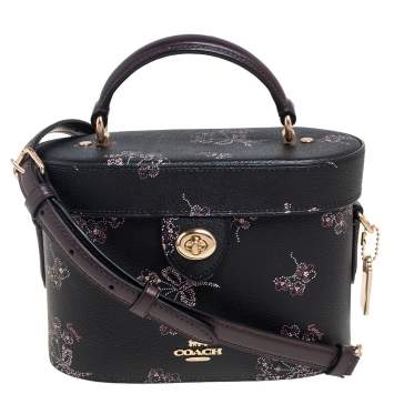Pre Owned Coach Black Floral Print Leather Vanity Crossbody Bag