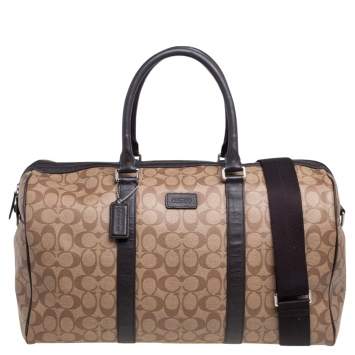 Pre Owned Coach Brown/Beige Signature Coated Canvas and Leather Metropolitan Duffle Bag