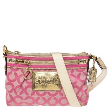 Pre Owned Coach Pink/Gold Signature Canvas and Leather Shoulder Bag