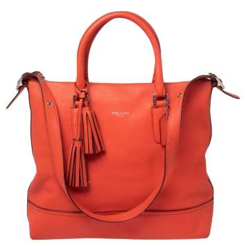 Pre Owned Coach Orange Leather Top Zip Tote 