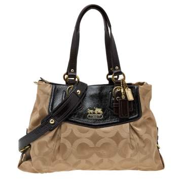 Pre Owned Coach Beige/Brown Signature Canvas And Patent Leather Madison Audrey Satchel