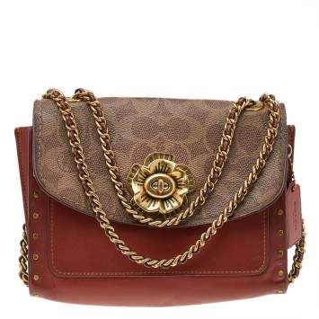 Pre Owned Coach Brown Signature Canvas And Tan Leather Parker Shoulder Bag