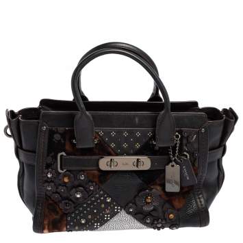 Pre Owned Coach Dark Brown Patch Embellished Leather Swagger 27 Carryall Satchel