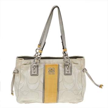 Pre Owned Coach White/Yellow Canvas And Patent Leather Satchel