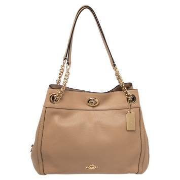 Pre Owned Coach Beige Leather Edie Turnlock Shoulder Bag     