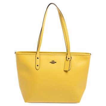 Pre Owned Coach Yellow Leather City Zip Tote