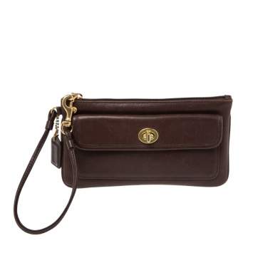 Pre Owned Coach Dark Brown Leather Turnlock Wristlet Pouch