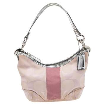 Pre Owned Coach Pink Signature Canvas and Leather Trim Small Hobo
