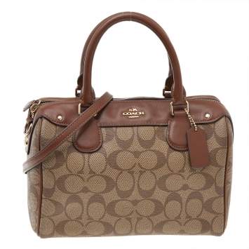 Pre Owned Coach Brown/Beige Signature Coated Canvas And Leather Carryall Boston Bag
