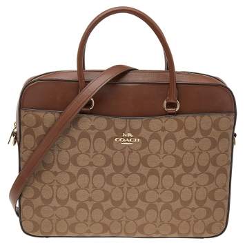 Pre Owned Coach Brown/Beige Signature Coated Canvas And Leather Laptop Bag