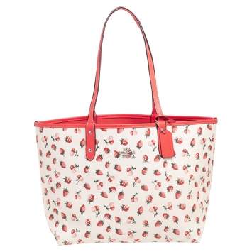 Pre Owned Coach Orange/White Fruit Print Coated Canvas and Leather City Reversible Tote