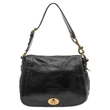 Pre Owned Coach Black Leather Flap Shoulder Bag