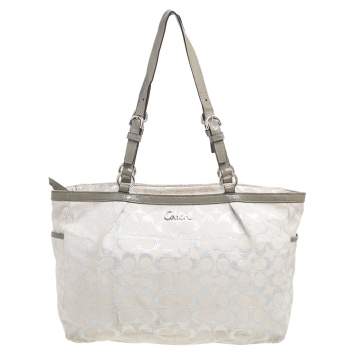 Pre Owned Coach Metallic Grey/Silver Signature Canvas and Patent Leather Tote